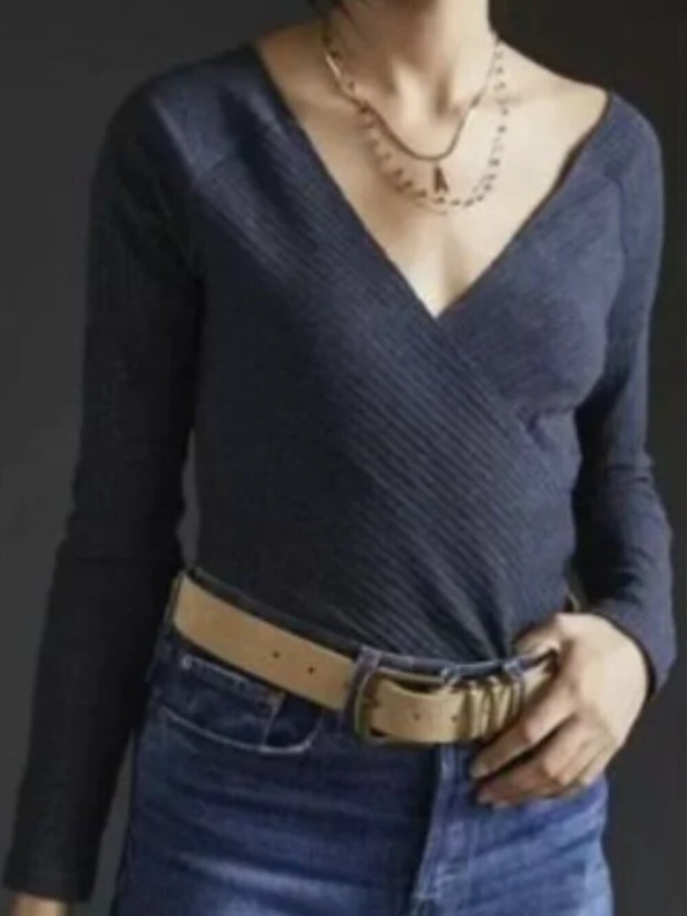 Maeve Ribbed V-Neck/Back Long Sleeve Top - Womens Large (fits Medium)